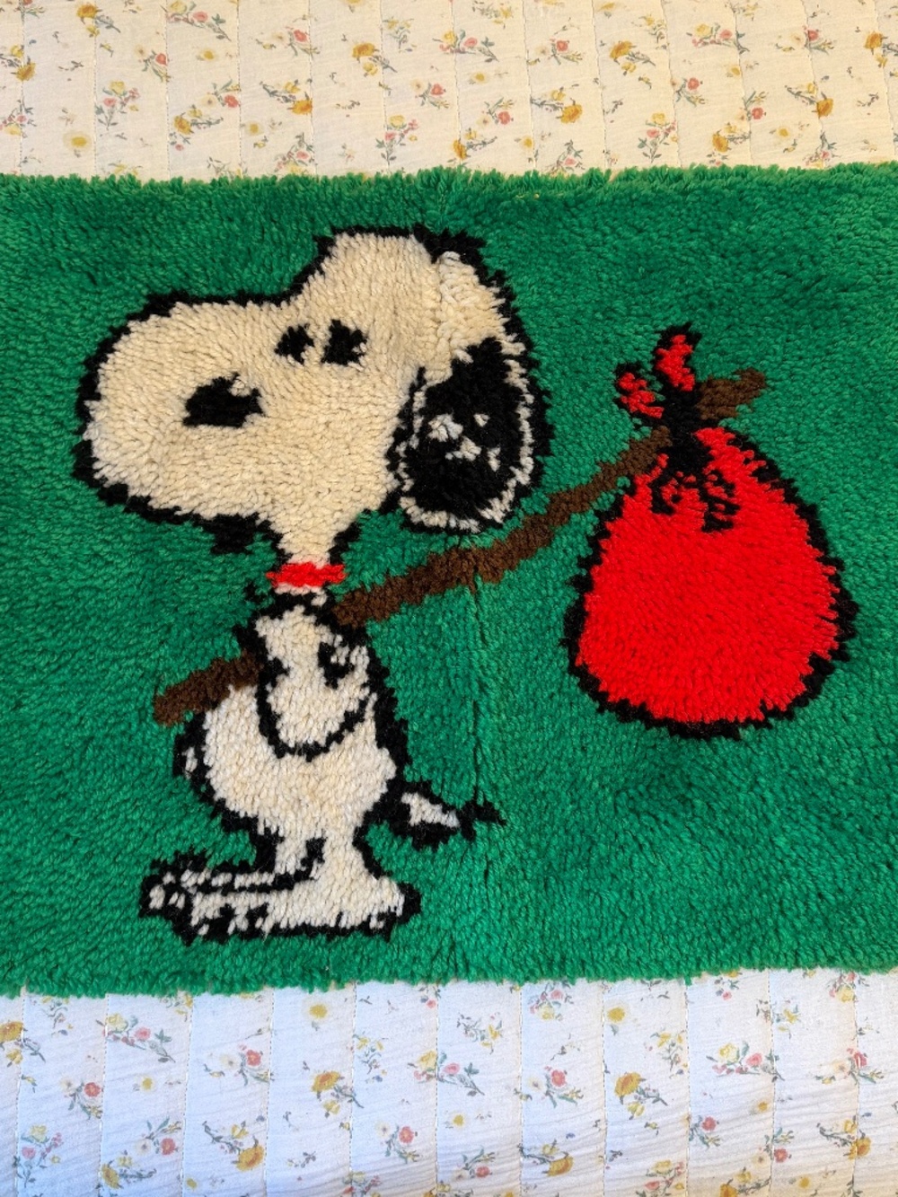 Vintage Snoopy Latch Hook Rug Completed Peanuts 26x20" Green 1970s